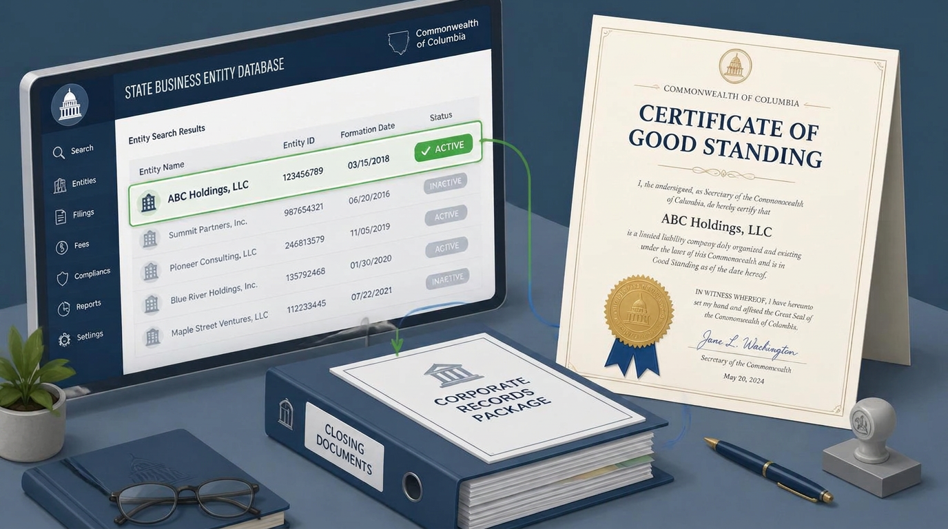Active status vs. certificate of good standing — isometric composition showing a state database record indicating active status alongside a state-issued paper certificate of good standing