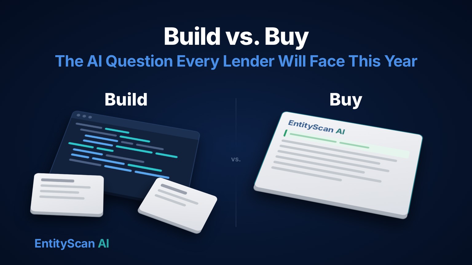 A half-built in-house review tool beside a finished EntityScan report, under the headline Build vs. Buy