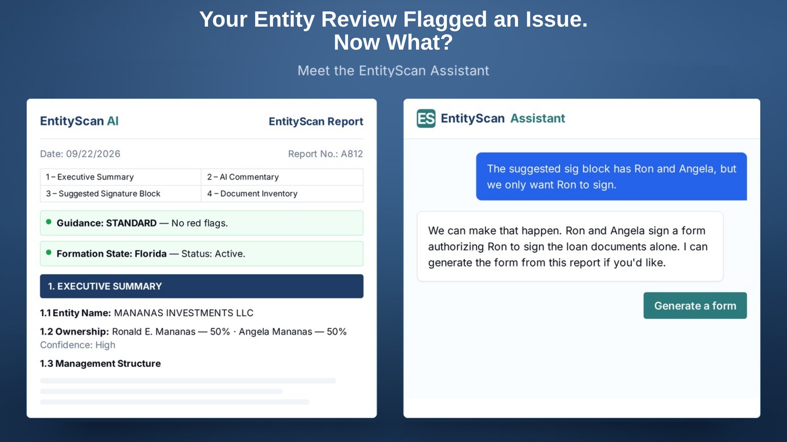 An EntityScan Report beside the EntityScan Assistant chat, where a lender asks for a single signer and the Assistant offers to generate the form