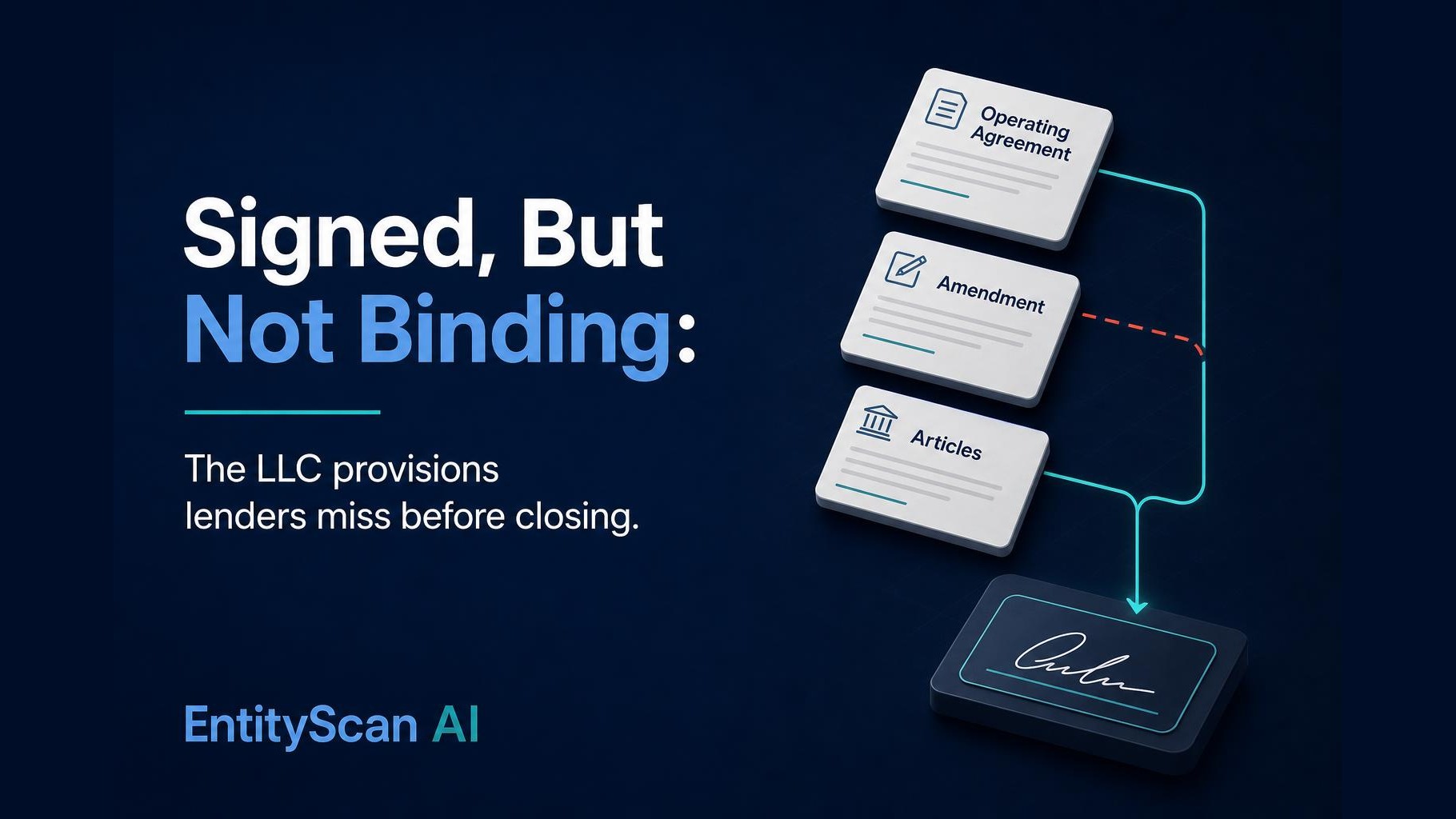 Signed, But Not Binding: the LLC provisions lenders miss before closing — isometric diagram of operating agreement, amendment, and articles connecting to a signature block with one broken consent link
