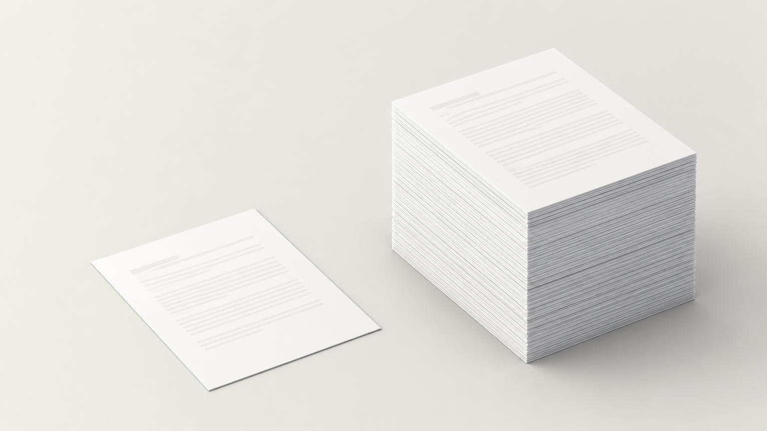 A single sheet of paper beside a stack of more than one hundred pages