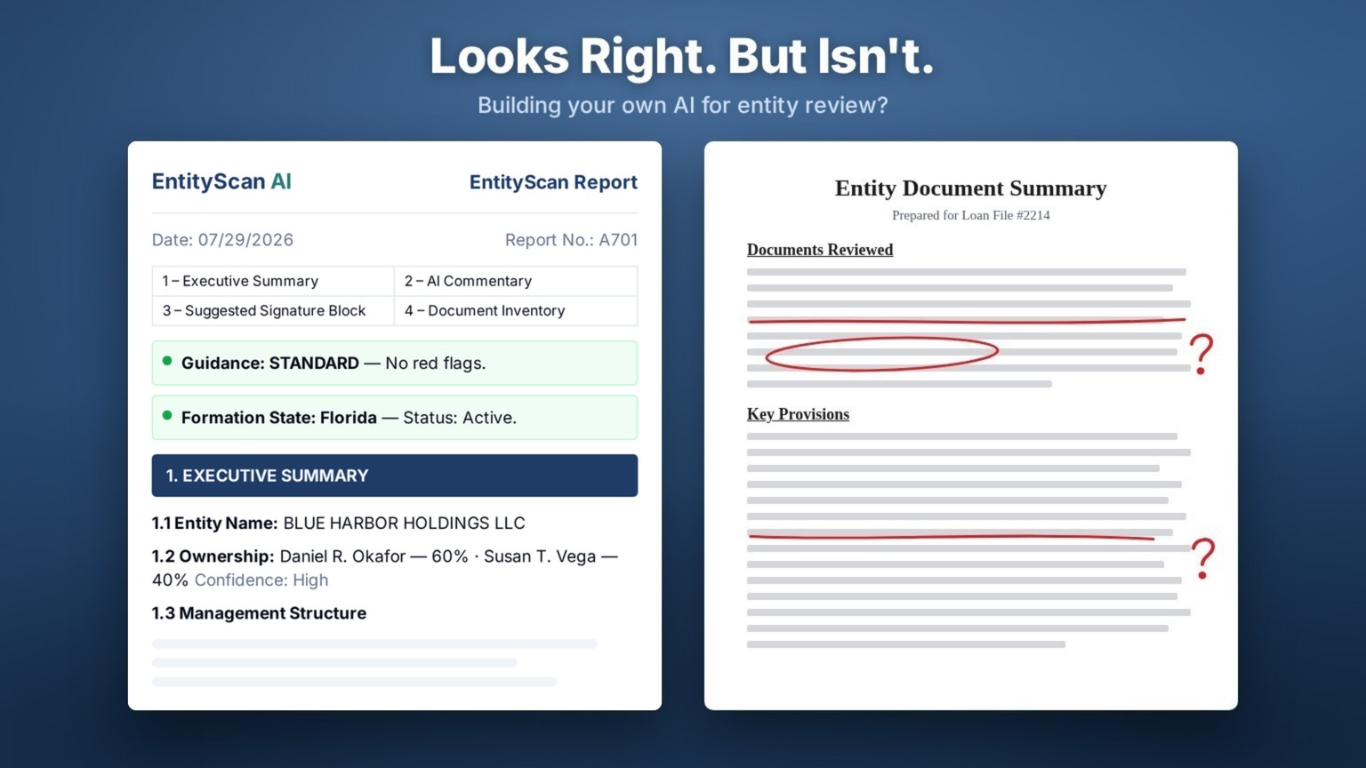 An EntityScan Report beside a plain homemade AI report marked up in red pen — the two look similar until reviewed